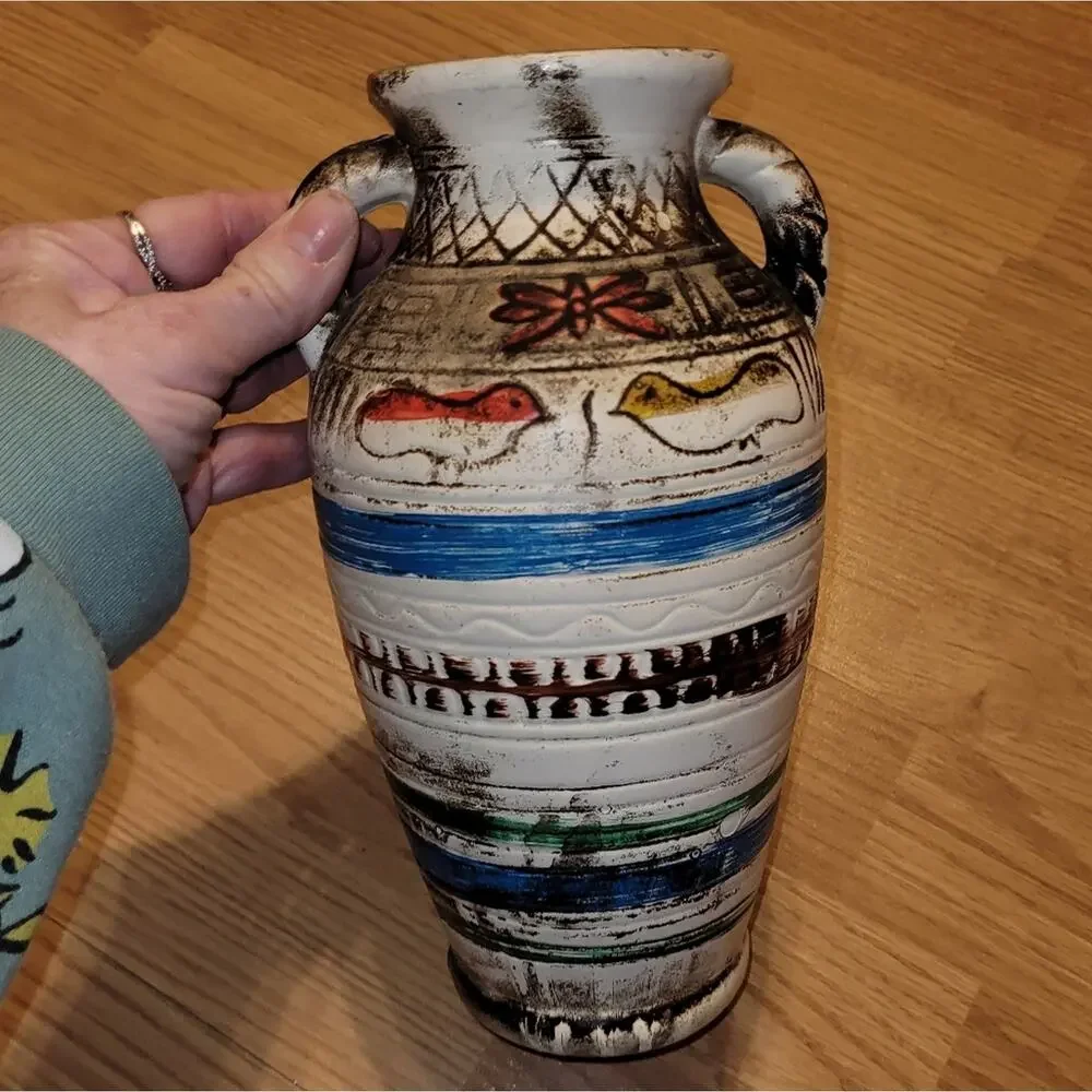 Vtg Handcrafted Ceramic Pottery Vase Folk Art Birds Primative Rustic Farmhouse